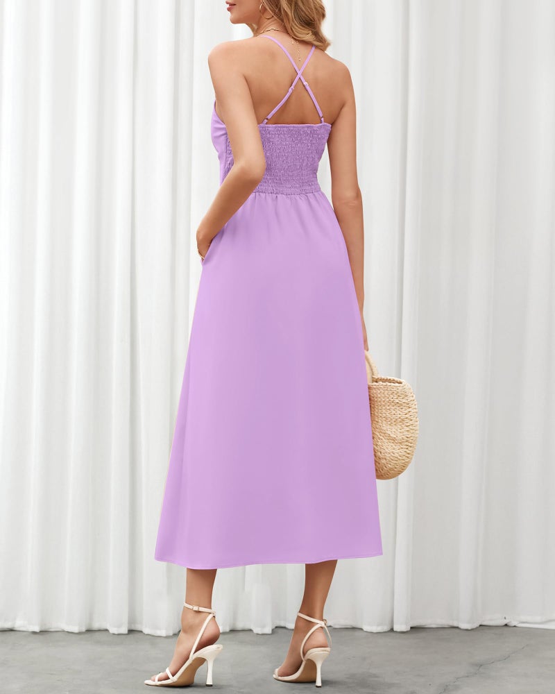 BTFBM Women 2026 Spaghetti Strap Midi Summer Dresses Sleeveless V Neck Cutout Slit Casual Beach Party Maxi Dress Pockets(Light Purple, Small) - Image 5