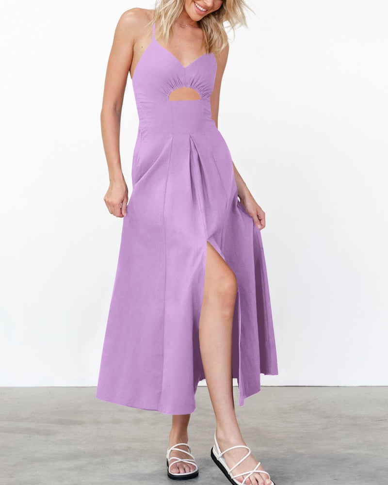 BTFBM Women 2026 Spaghetti Strap Midi Summer Dresses Sleeveless V Neck Cutout Slit Casual Beach Party Maxi Dress Pockets(Light Purple, Small) - Image 4