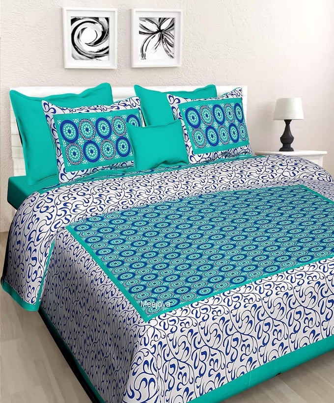 100 COTTON RAJASTHANI JAIPURI TRADITIONAL FLORAL KING SIZE DOUBLE BEDSHEET WITH 2 PILLOW COVERS BLUE