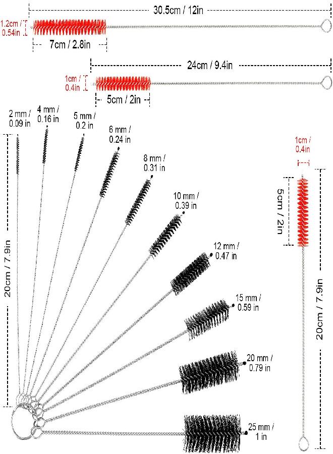 Patelai 16 Pcs Reusable Straw Cleaning Brushes Bottle Test Tube Long Straw Cleaning Brush Nylon Washing Cleaner Tool Reusable Bottle Straw Brush in Different Size (Red-Black,16 Pieces) - Image 1