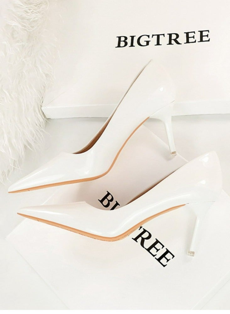 BIGTREE Women's Fashionable Shiny Stiletto Pumps 7.5cm Elegant Gorgeous Closed Pointed Toe Slip On Solid High Heels White