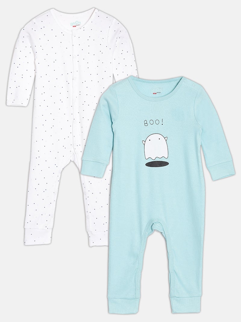 Broon Infant Girls Sea Blue and White Printed Organic Cotton Sleepsuit Pack of 2 - Image 1