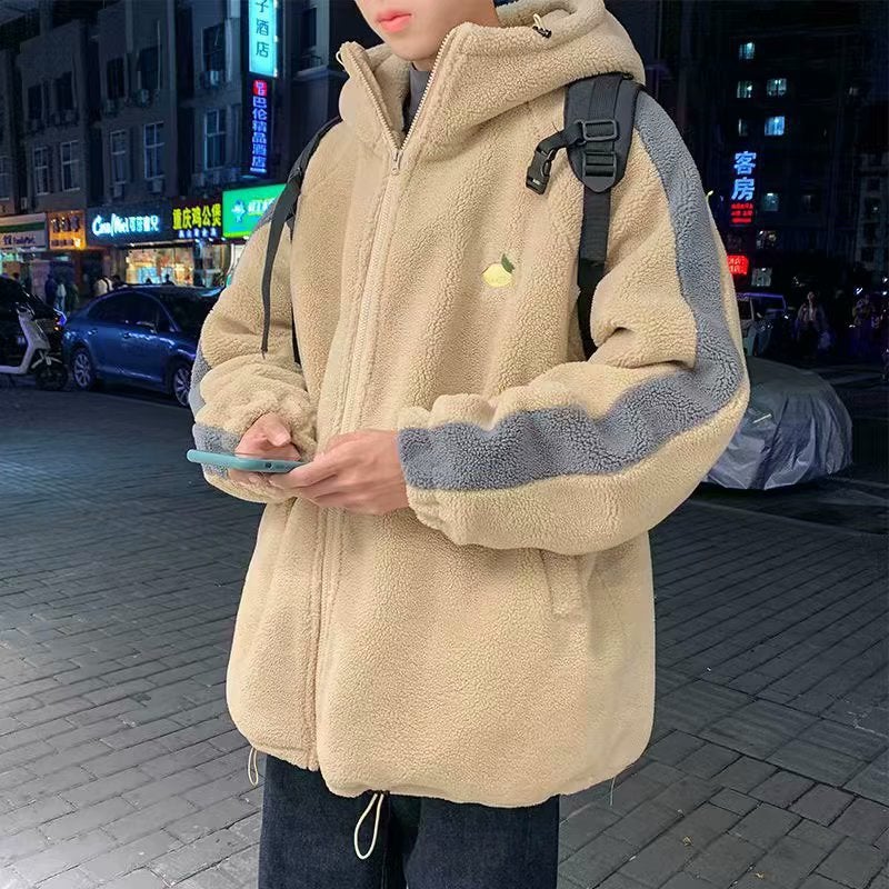 Mens Trendy Lamb Wool Coat Autumn Winter Korean Loose Sweatshirt Light green - Image 3