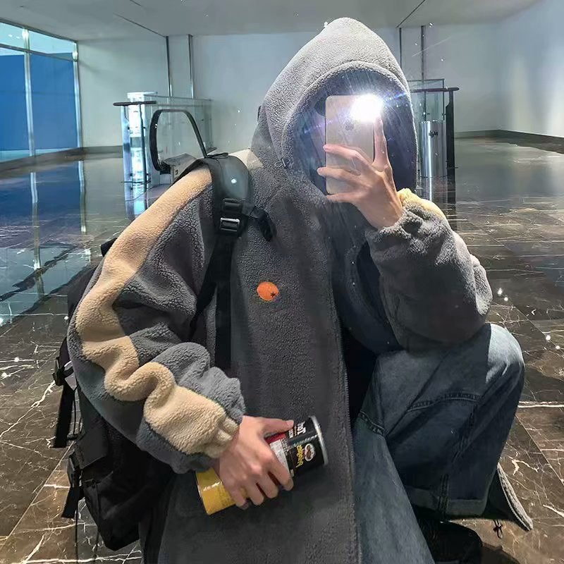 Mens Trendy Lamb Wool Coat Autumn Winter Korean Loose Sweatshirt Light green - Image 2