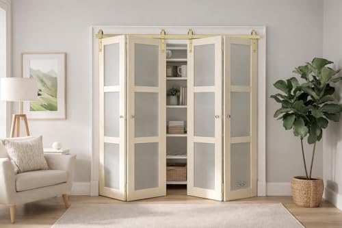 Rio Salto Gold Bifold Barn Door Hardware Kit 64 Closet Contractor Grade Heavy Gauge Aluminum Sliding Bi Fold Track System for 4 15 Panels 4 Rollers with Matching Knobs Hardware Only - Image 3