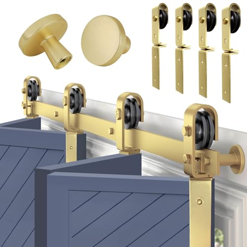 Rio Salto Gold Bifold Barn Door Hardware Kit 64 Closet Contractor Grade Heavy Gauge Aluminum Sliding Bi Fold Track System for 4 15 Panels 4 Rollers with Matching Knobs Hardware Only - Image 1
