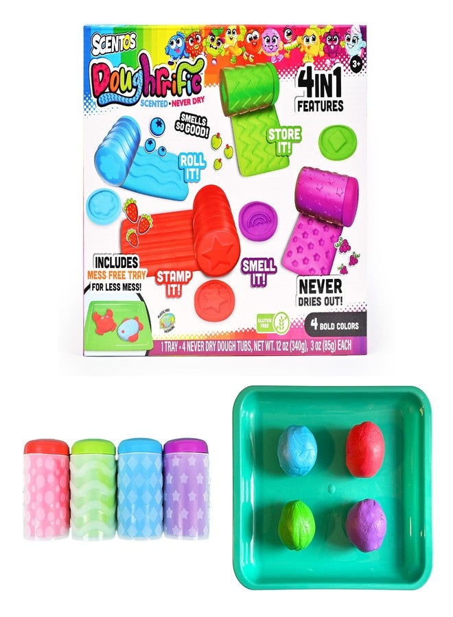 Scentos Doughrrific Scented Dough and Tub Set, 4 Color Dough and 4 tub, 2 oz. Cans, Back to School Gifts, Prizes, & Party Favors, Preschool Toys for Kids, Age 3+, Never Dries Out. - Image 1