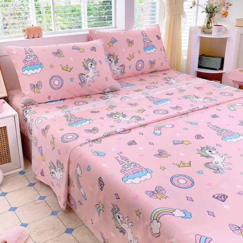 Homilay Full Sheet Set Kids - Pink Unicorn 4 Pieces Soft Microfiber Cartoon Style Bedsheets for Boys Girls Teens, Oeko TEX, Breathable Deep Pocket Sheets(Pink Unicorn) - Image 1