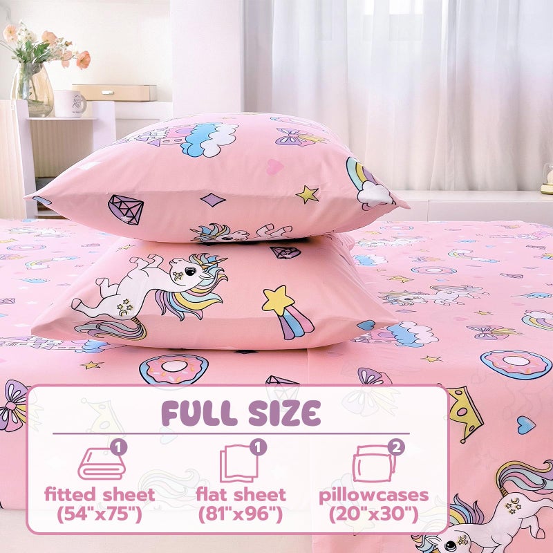 Homilay Full Sheet Set Kids - Pink Unicorn 4 Pieces Soft Microfiber Cartoon Style Bedsheets for Boys Girls Teens, Oeko TEX, Breathable Deep Pocket Sheets(Pink Unicorn) - Image 3