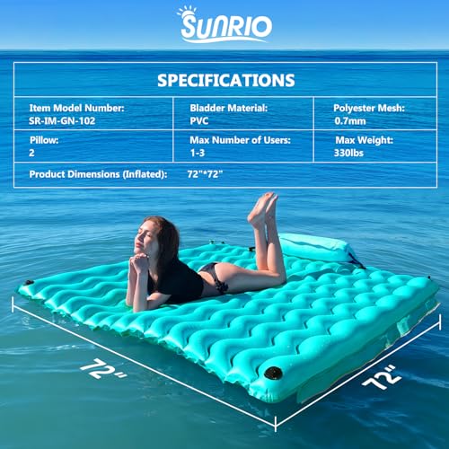 Sunrio 2025 Upgrade 72''*72'' Giant Inflatable Floating Mat Pool Float Lake Floats for Adults with Air Pillow Pool Mats for Floating Swimming Pool Beach Lake for Summer Water Party Green - Image 4