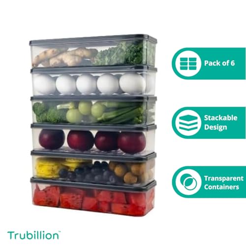 TRUBILLION FridgeBox Set of 6 Fridge Storage Containers with Lid 1200ml Freezer Safe BPA Free Stackable Transparent Organizer Boxes for Vegetables Fruits Snacks Kitchen Made in India - Image 2