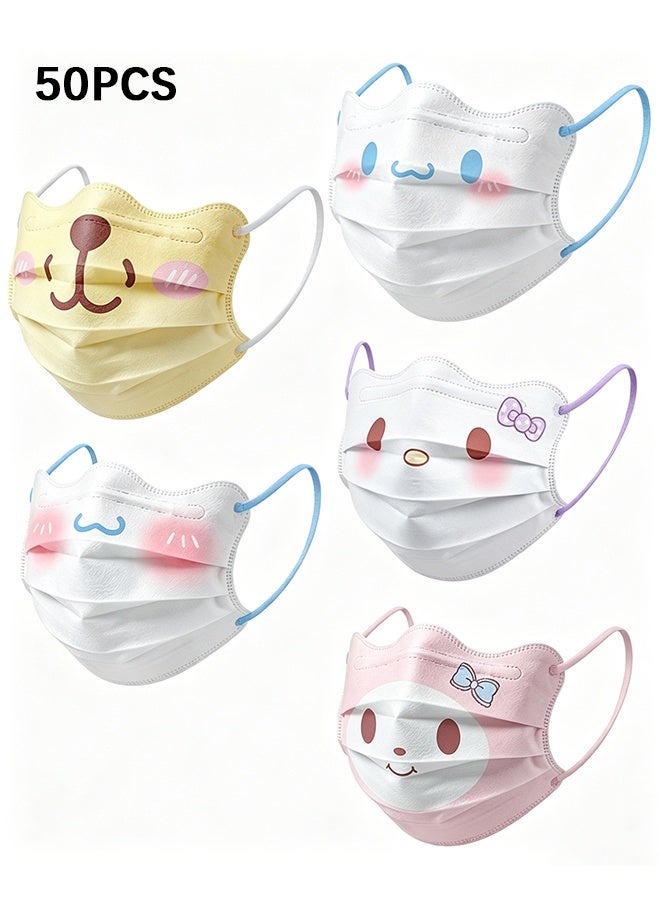 Wffo 50PCS Masks - Cartoon Character Masks - 5 Styles - Three-Layer Filtration - Suitable for Children and Teenagers Disposable Masks - Individually Packaged - Unisex - Image 1