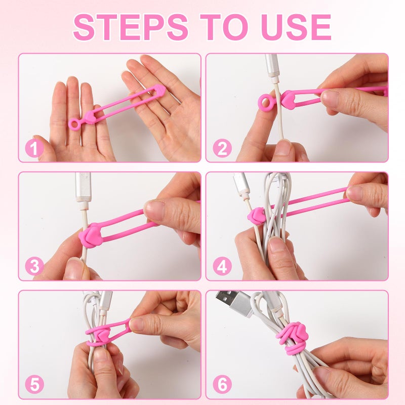 Pangda 48 Pcs Silicone Cable Ties with 3 Sizes Reusable Cable Management Organizer Multipurpose Elastic Cord Wire Ties Adjustable Electronic Cord Organizer for Travel Office Desk(Gradient Pink) - Image 3
