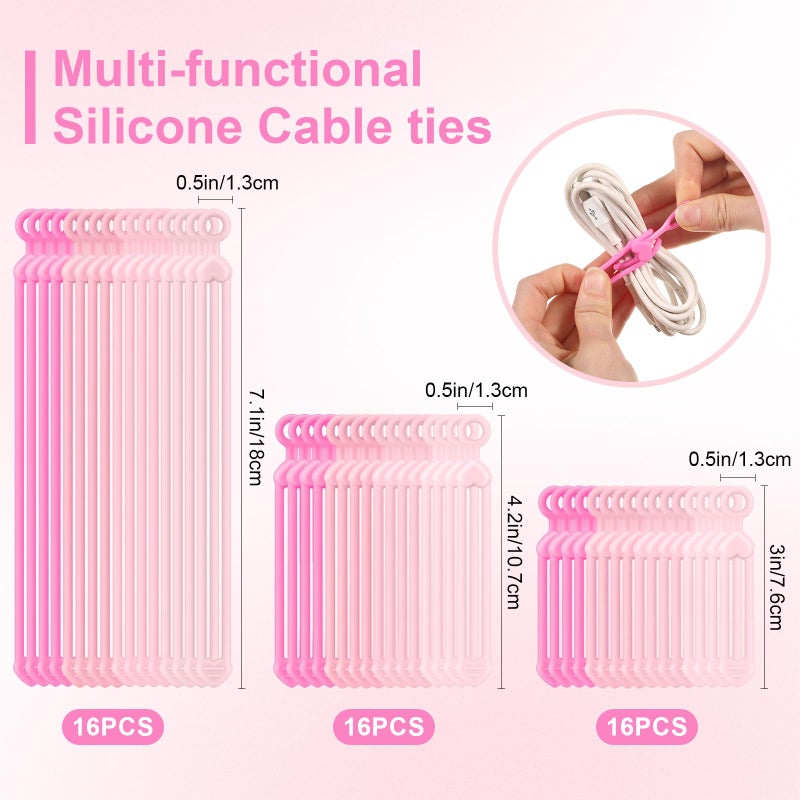 Pangda 48 Pcs Silicone Cable Ties with 3 Sizes Reusable Cable Management Organizer Multipurpose Elastic Cord Wire Ties Adjustable Electronic Cord Organizer for Travel Office Desk(Gradient Pink) - Image 2