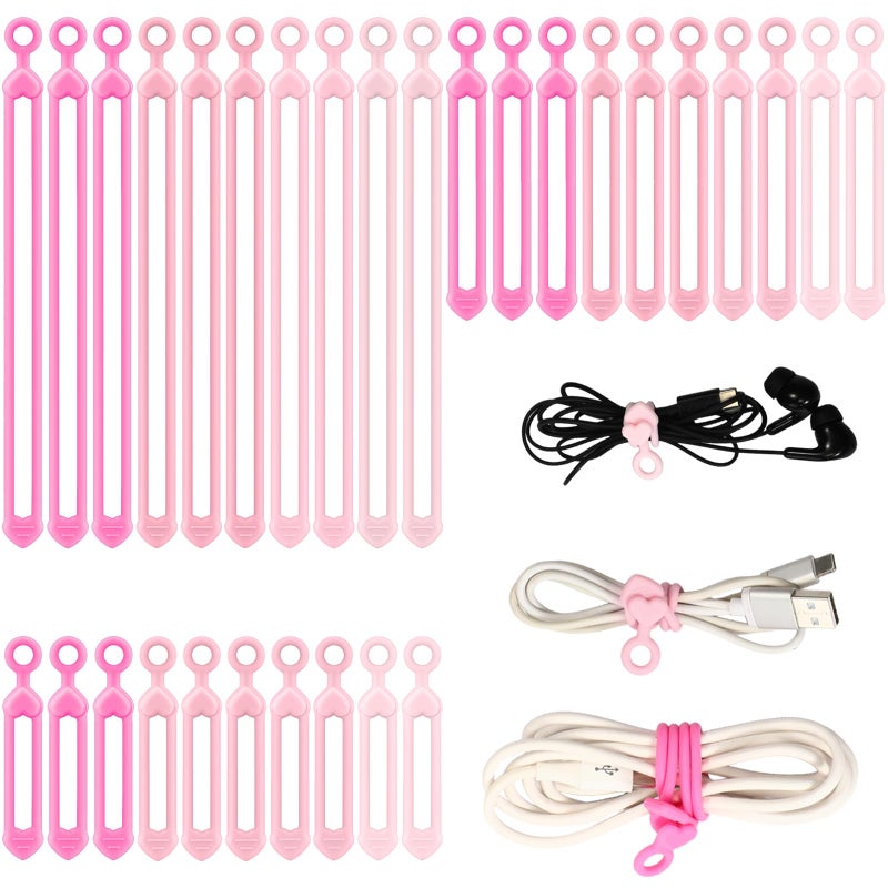 Pangda 48 Pcs Silicone Cable Ties with 3 Sizes Reusable Cable Management Organizer Multipurpose Elastic Cord Wire Ties Adjustable Electronic Cord Organizer for Travel Office Desk(Gradient Pink) - Image 1