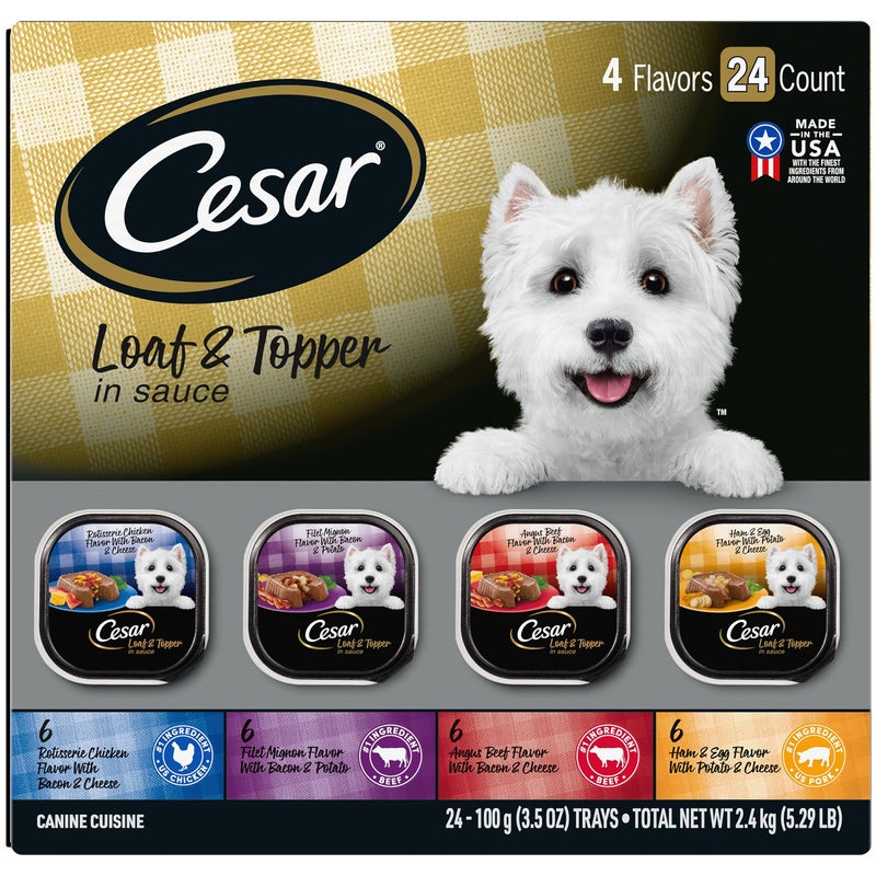 Cesar Wet Dog Food Loaf in Sauce Rotisserie Chicken, Filet Mignon, Angus Beef, and Ham & Egg Flavors Variety Pack, 3.5 oz. Easy Peel Trays (24 Count, Pack of 1) - Image 1