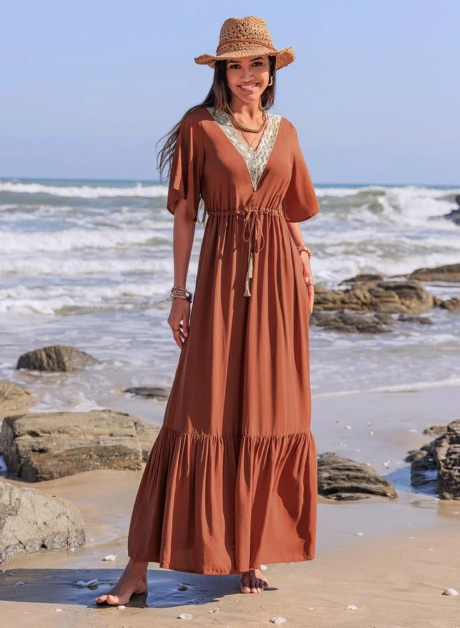 Take Two Take Two Lace Trim V Neck A-Line Maxi Dress with Tie-Up Detail