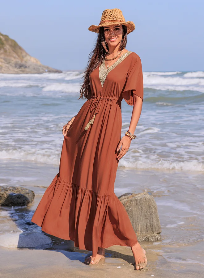 Take Two Take Two Lace Trim V Neck A-Line Maxi Dress with Tie-Up Detail