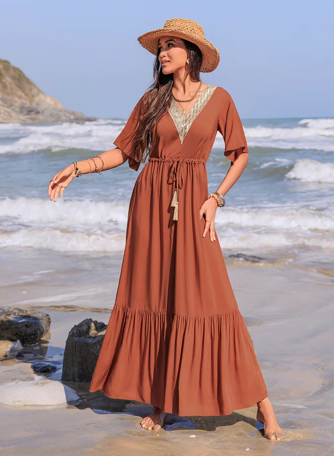Take Two Take Two Lace Trim V Neck A-Line Maxi Dress with Tie-Up Detail