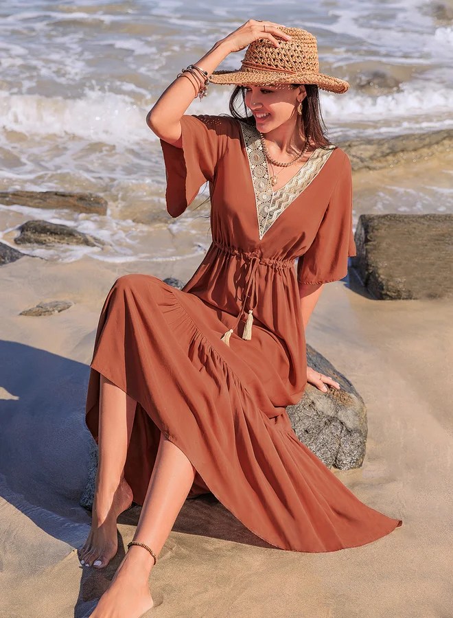 Take Two Take Two Lace Trim V Neck A-Line Maxi Dress with Tie-Up Detail