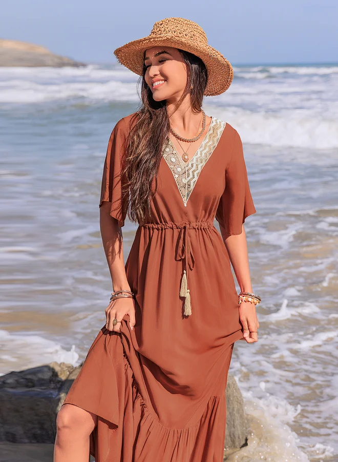 Take Two Take Two Lace Trim V Neck A-Line Maxi Dress with Tie-Up Detail