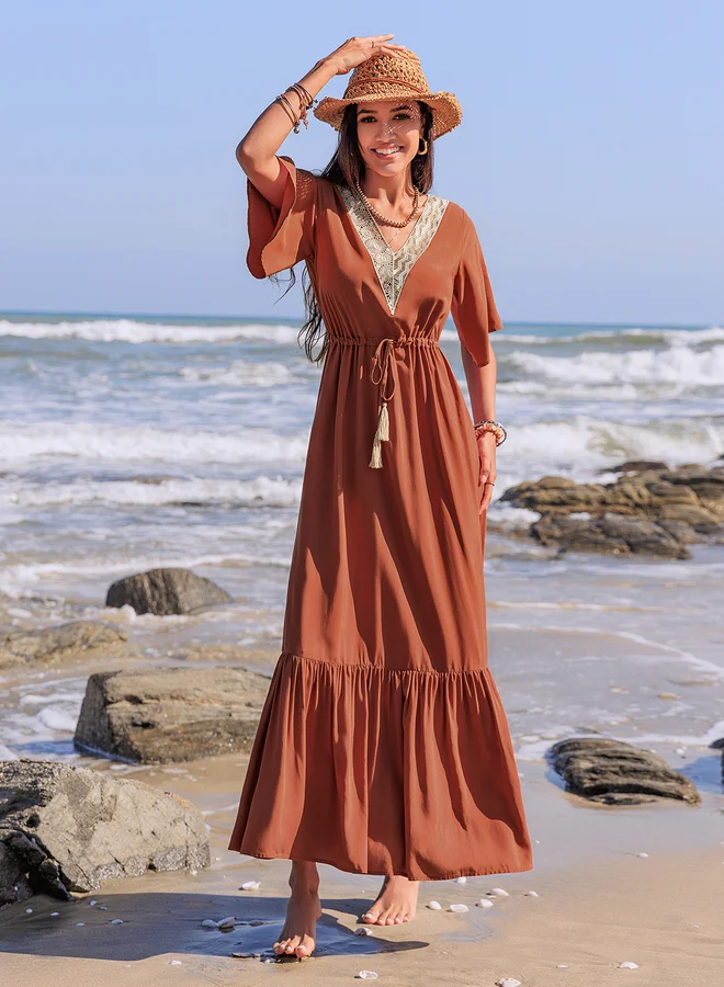 Take Two Take Two Lace Trim V Neck A-Line Maxi Dress with Tie-Up Detail
