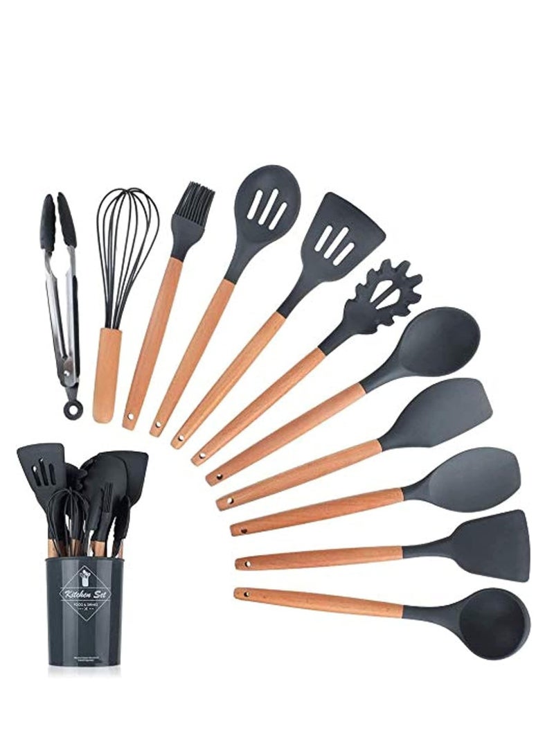 Loyal Star Silicone Cooking Utensil Set, Silicone Kitchen Utensils Set of 12 pcs, Non Stick Heat Resistant with Wooden Handles, Spatula, Spoons, Gadgets Tool for Non-Stick Kitchen Utensils set (Black) - Image 1