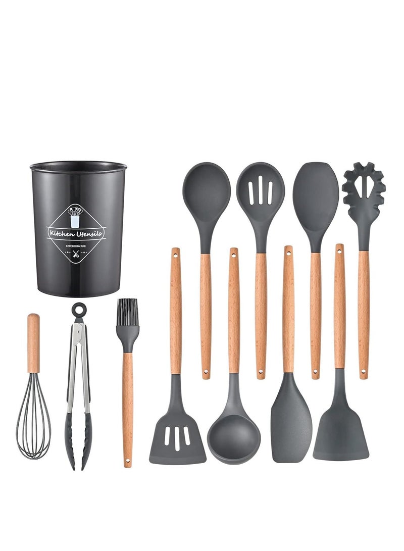 Loyal Star Silicone Cooking Utensil Set, Silicone Kitchen Utensils Set of 12 pcs, Non Stick Heat Resistant with Wooden Handles, Spatula, Spoons, Gadgets Tool for Non-Stick Kitchen Utensils set (Black) - Image 2