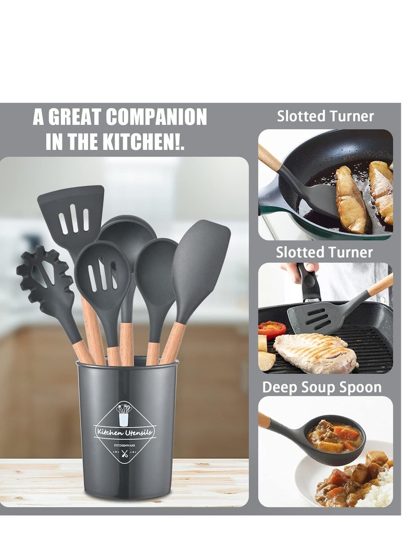 Loyal Star Silicone Cooking Utensil Set, Silicone Kitchen Utensils Set of 12 pcs, Non Stick Heat Resistant with Wooden Handles, Spatula, Spoons, Gadgets Tool for Non-Stick Kitchen Utensils set (Black) - Image 4