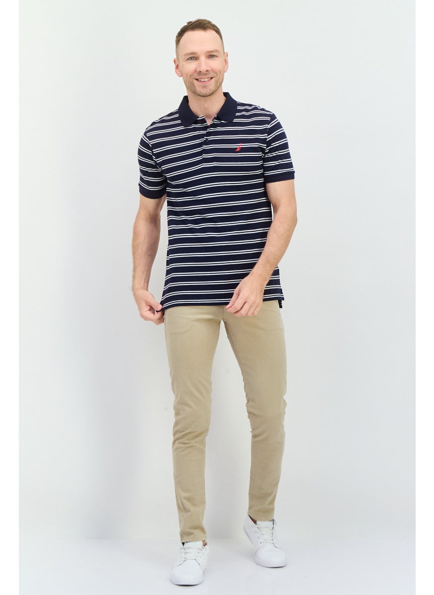 NAUTICA - Men Regular Fit Striped Short Sleeves Polo, Navy - Image 1