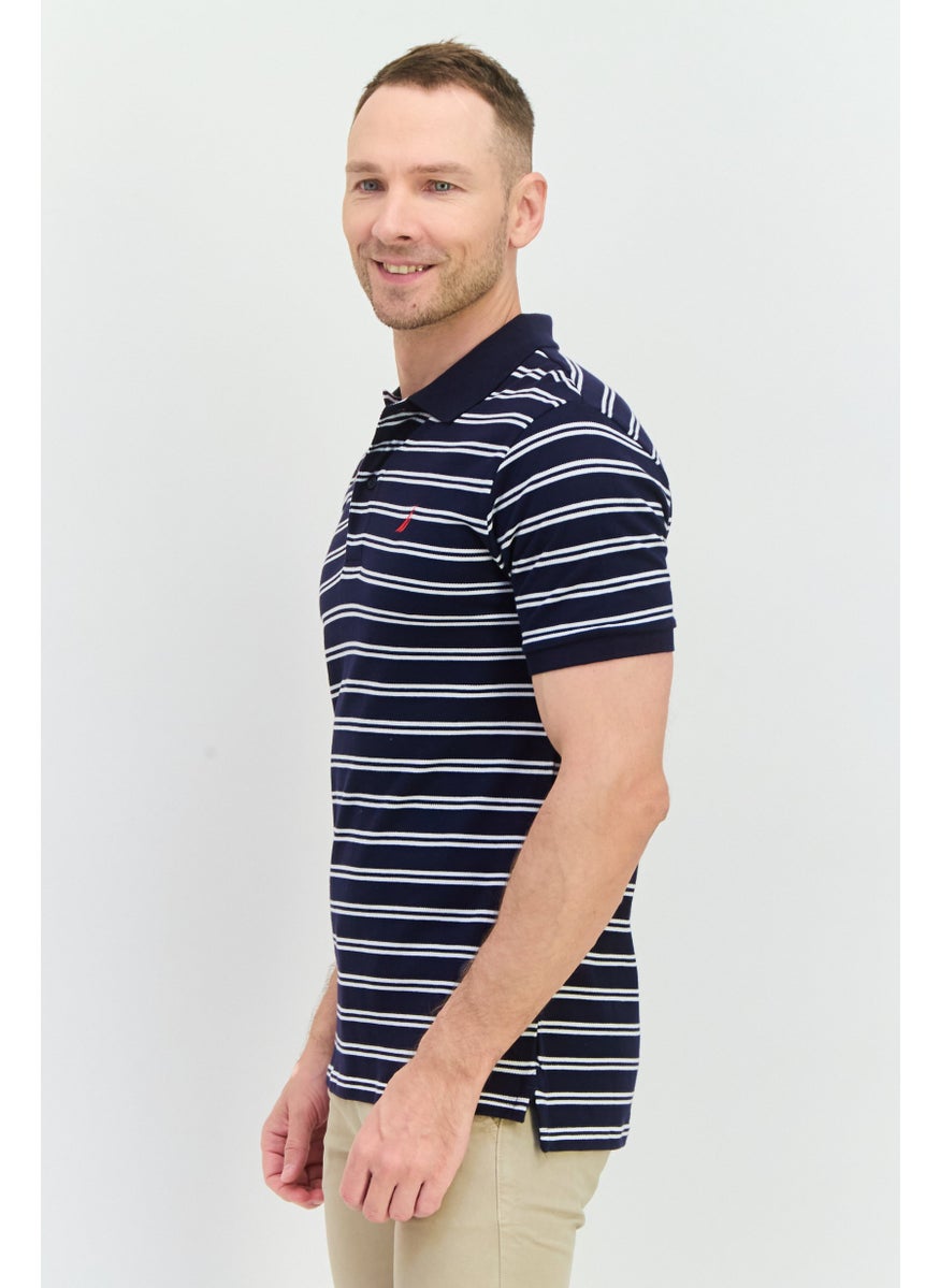 NAUTICA - Men Regular Fit Striped Short Sleeves Polo, Navy - Image 1