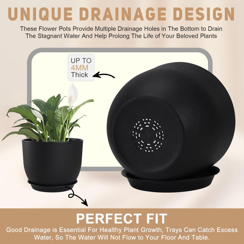 YNNICO Plant Pots 10/9/8/7.5/7 inch Set of 5,Flower Pots with Multi Mesh Drainage Holes, Large Planters for Indoor Outdoor Garden Plants and Flowers. (Black) - Image 3