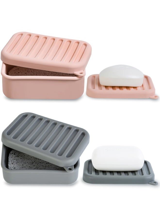 MtBoi 2PC Portable Leakproof Travel Soap Case, Silicone Travel Soap Case, Compact Soap Holder with Drainage Layer, Travel Soap Holder for Camping, Gym, Outdoor (Coral-Red&Deep-Gray) - Image 1