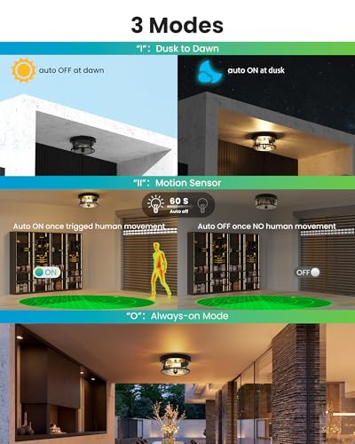 Craftersmark Outdoor Ceiling Light with Motion Sensor 93in Porch Lights Outdoor E26 Base Flush Mount 360 Detection 3 Modes AutoDusk to DawnAlwayson Farmhouse Ceiling Light for Porch Entryway - Image 3