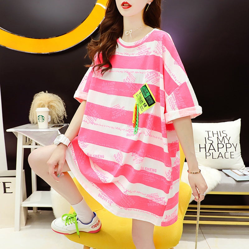 Mid-length Striped T-shirt Women's Short-sleeved 2024 New Summer Ins Trendy Loose Korean Style Design Sense Super Popular Top Trendy - Image 2