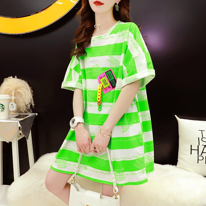 Mid-length Striped T-shirt Women's Short-sleeved 2024 New Summer Ins Trendy Loose Korean Style Design Sense Super Popular Top Trendy - Image 5
