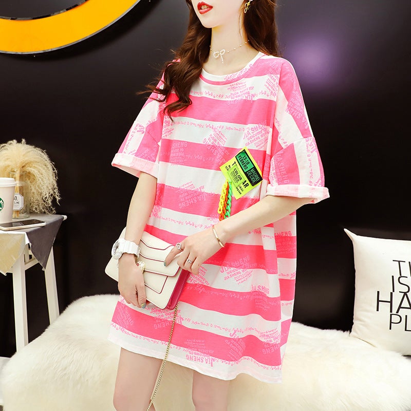 Mid-length Striped T-shirt Women's Short-sleeved 2024 New Summer Ins Trendy Loose Korean Style Design Sense Super Popular Top Trendy - Image 3