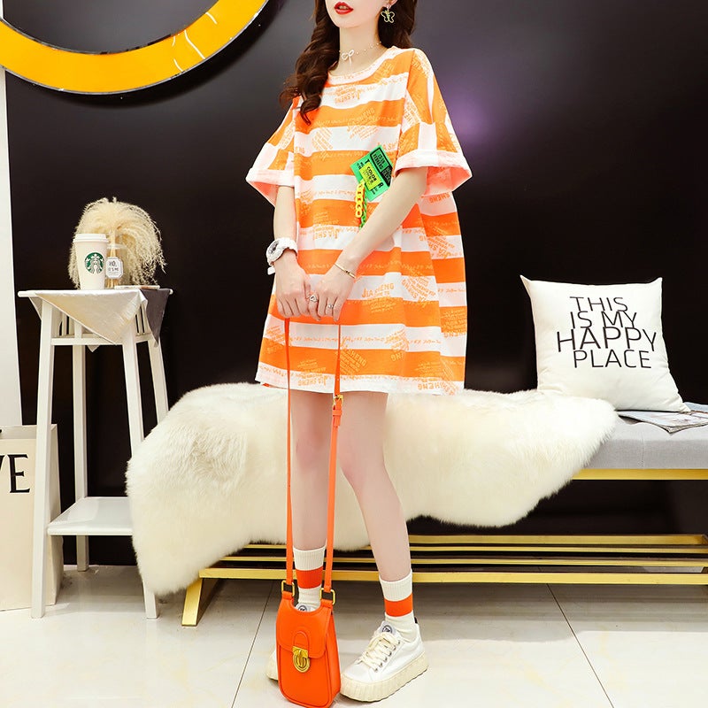 Mid-length Striped T-shirt Women's Short-sleeved 2024 New Summer Ins Trendy Loose Korean Style Design Sense Super Popular Top Trendy - Image 4