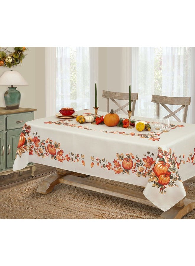 Lintex Thanksgiving Traditions Autumn Harvest Bordered Thanksgiving Tablecloth, Autumn Fall Leaves and Pumpkin Patch Border Print Easy Care Fabric Tablecloth, 52” x 52 Square - Image 1