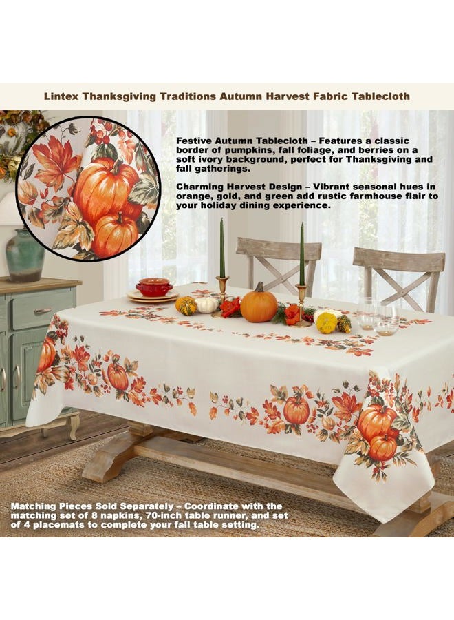 Lintex Thanksgiving Traditions Autumn Harvest Bordered Thanksgiving Tablecloth, Autumn Fall Leaves and Pumpkin Patch Border Print Easy Care Fabric Tablecloth, 52” x 52 Square - Image 2