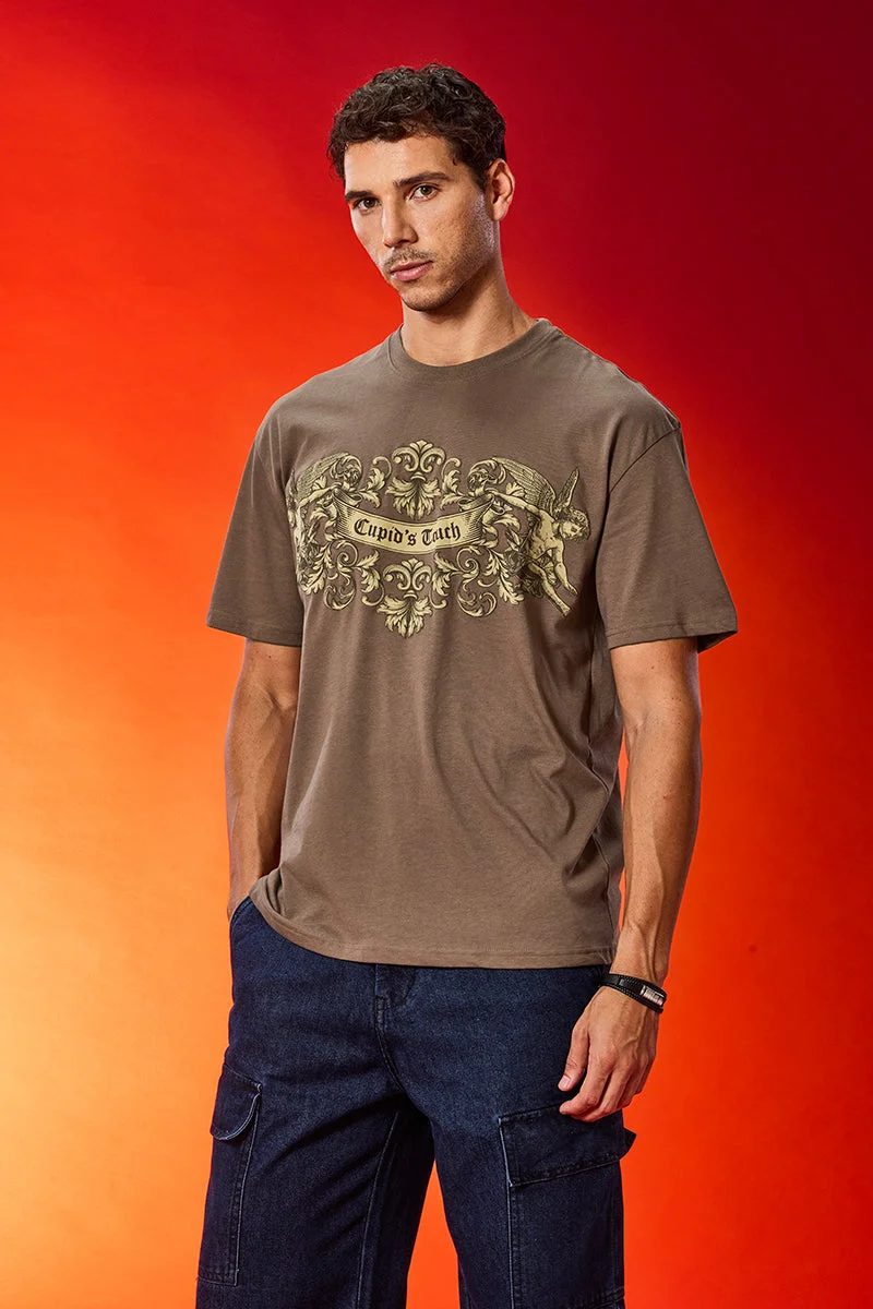 SNITCH Cupid Touch Brown Oversized Fit T-Shirt