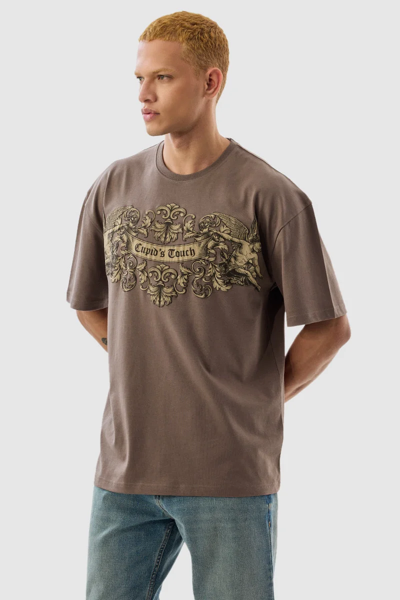 Snitch  Cupid Touch Brown Oversized Fit T-Shirt for Men | Best Price UAE
