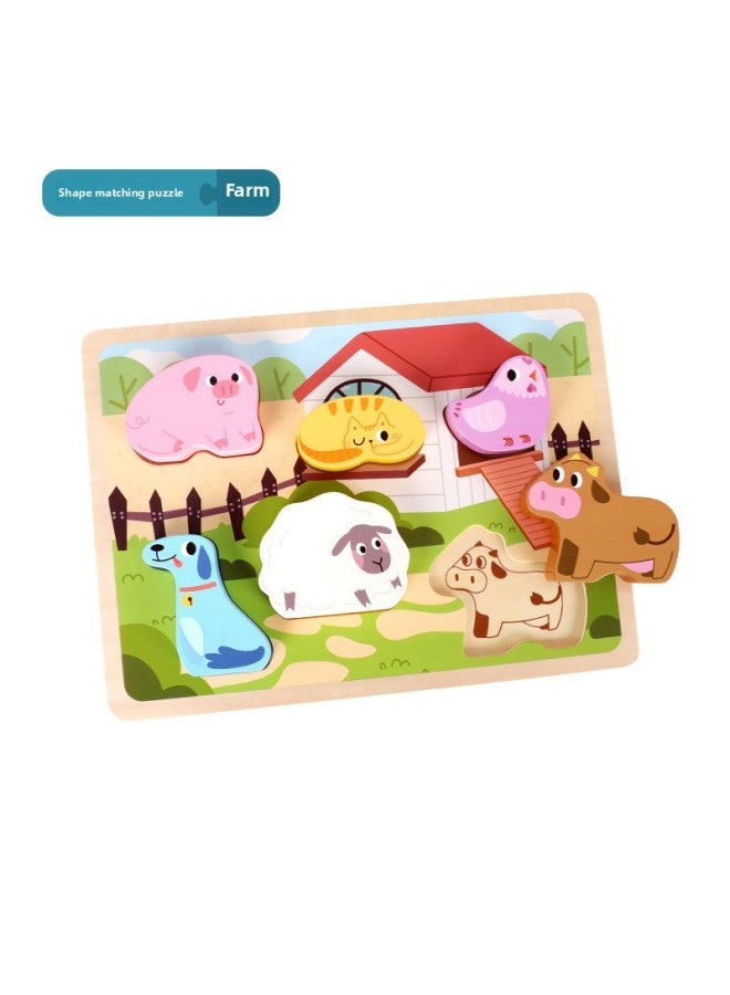 Wooden Large Puzzle Children's Shape Cognitive Early Education Puzzle Hand Grip Board Baby Baby Matching Toy Board-Color:Shape Matching-Farm - Image 1