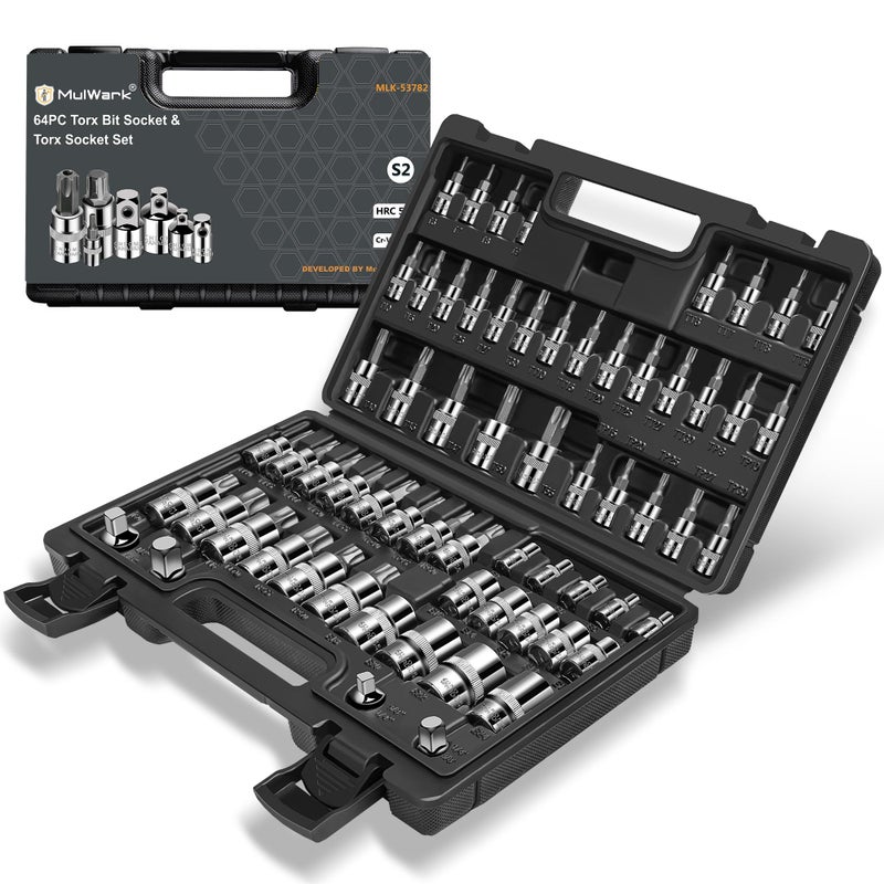 MulWark Torx Socket Set 64-Piece | 3/8, 1/4, 1/2 in. Drive Bit Socket Set and External Torx Socket Set w./ Impact Adapter and Reducer | S2 and Cr-V Steel - Image 1
