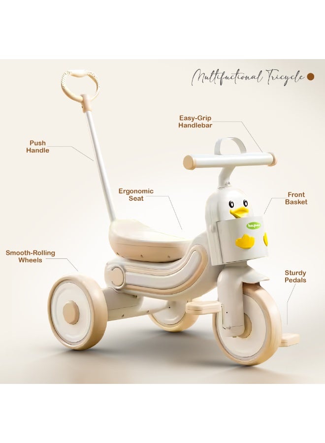 BAYBEE Ducky 2 in 1 Baby Tricycle for Kids, Smart Baby Cycle with Parental Push Handle & Front Storage Basket | Kids Cycle Tricycle for Toddlers | Kids Tricycle for Baby 1.5 to 5 Years Boys Girls White Beige  - Image 5