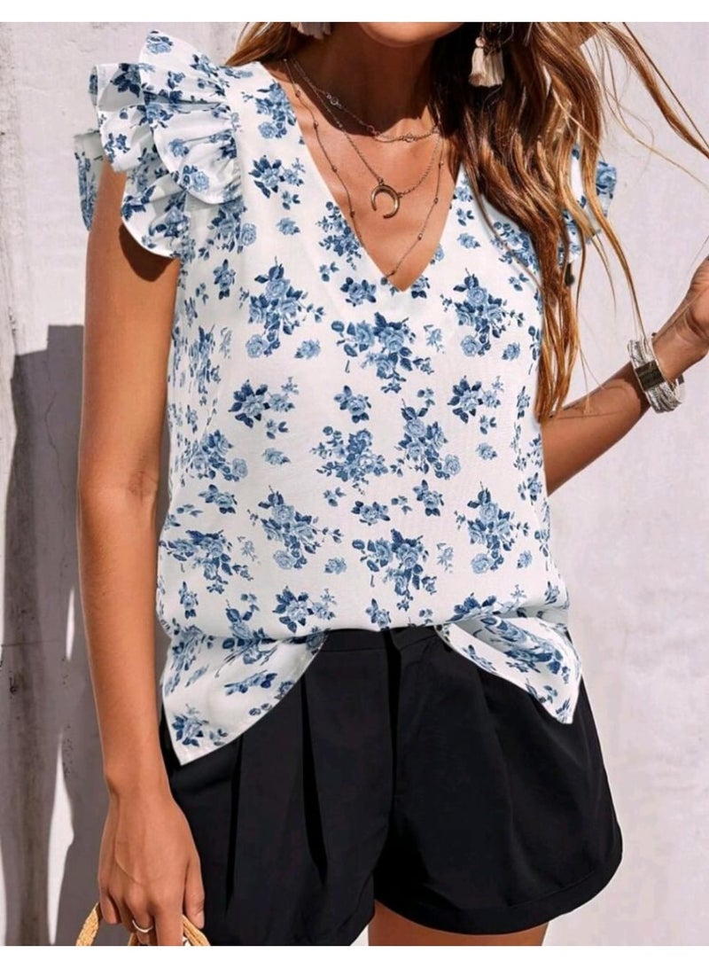 SHEIN Women's Elegant V-Neck Ruffled Sleeve Ditsy Floral Chiffon Shirt, Suitable For Vacation, Daily Wear And Outdoor Activities In Summer - Image 1