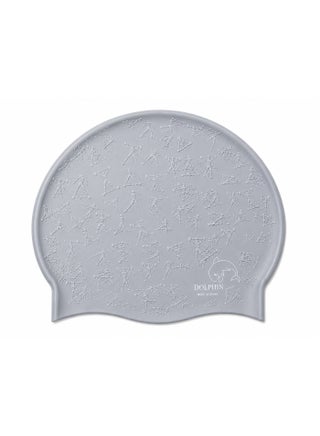 Dolphin silicone swim cap for adults and children - embossed sports print - flexible, comfortable, and waterproof - gray color