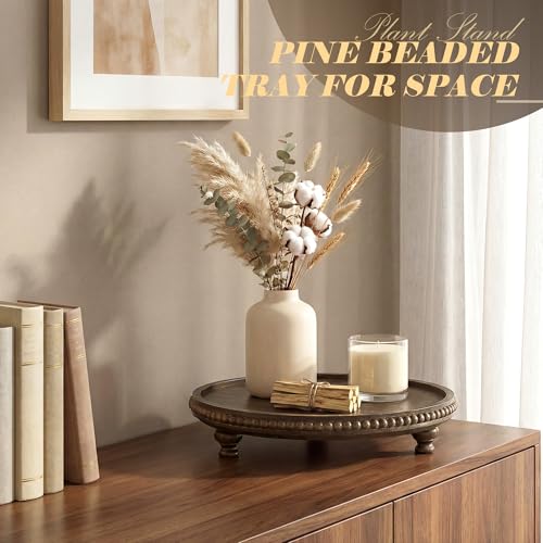 EOSAHR Acacia Wood Beaded Round Display Riser for Boho Decor – 3-Leg Wooden Pedestal Stand for Coffee Table, Cake Stand, Perfume Tray & Vanity Organizer – Riser for Decor (Dark Acacia) - Image 4