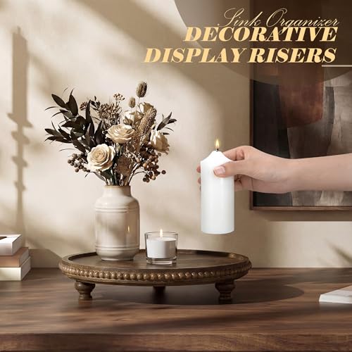 EOSAHR Acacia Wood Beaded Round Display Riser for Boho Decor – 3-Leg Wooden Pedestal Stand for Coffee Table, Cake Stand, Perfume Tray & Vanity Organizer – Riser for Decor (Dark Acacia) - Image 3