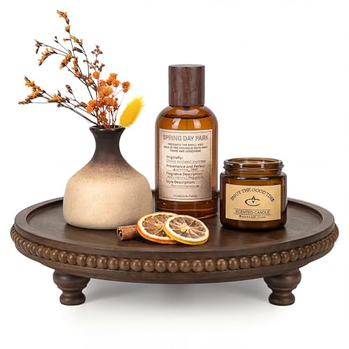 EOSAHR Acacia Wood Beaded Round Display Riser for Boho Decor – 3-Leg Wooden Pedestal Stand for Coffee Table, Cake Stand, Perfume Tray & Vanity Organizer – Riser for Decor (Dark Acacia) - Image 1